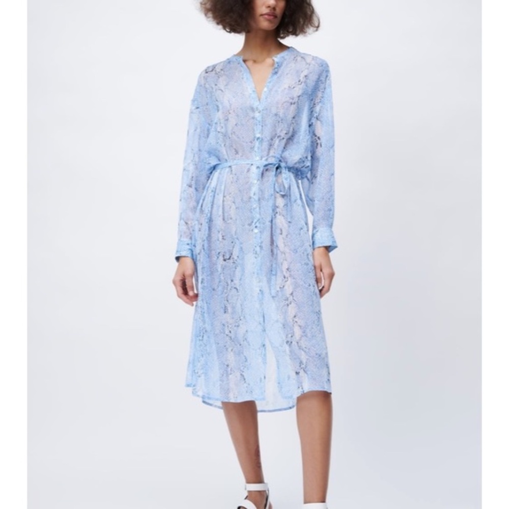 NWT. Zara Blue Semi-Sheer Animal Print Shirt Dress. Size L